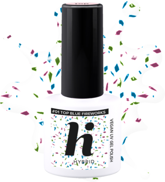 Hi Hybrid Top No Wipe Blue Fireworks, biała butelka z czarną nakrętką, z brokatowymi drobinkami, na tle konfetti.