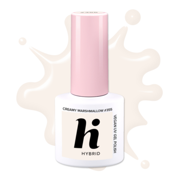 Biały wegański lakier hybrydowy hi Creamy Marshmallow #005, z różową nakrętką, na kremowym tle.