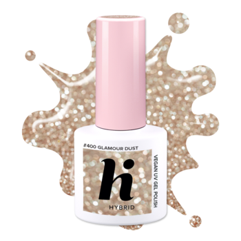 Lakier hi Hybrid 290 Glamour Dust, brokatowy, różowo-złoty. Biała butelka, różowa nakrętka, na tle brokatu.