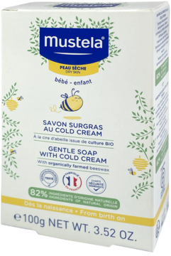 White Mustela Gentle Soap with Cold Cream, 100g, for dry baby skin, front view of box with bee design.