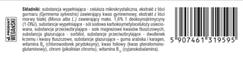 Tył białej etykiety suplementu diety z polską listą składników i kodem kreskowym, widok z bliska.