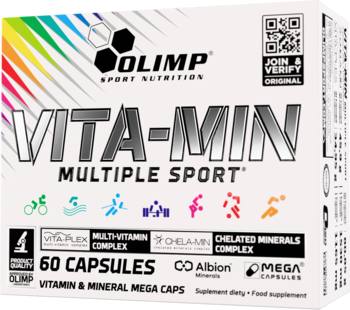 Olimp Vita-Min Multiple Sport, białe pudełko z kolorowymi paskami, 60 kapsułek, widok z przodu.