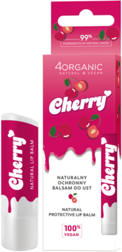 4ORGANIC Cherry naturalny balsam ochronny do ust, 99% składników naturalnych, różowe opakowanie z wisienkami.