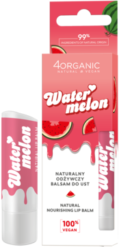 4ORGANIC Watermelon naturalny balsam do ust w różowo-białym opakowaniu z arbuzem, 100% vegan.