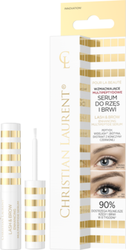 Serum Christian Laurent Lash & Brow Multipeptide. Biało-złote opakowanie i tubki, widok z przodu. Podkreśla wzmocnienie.