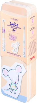 Vitammy Smile szczoteczka soniczna 3+, beżowe pudełko z Myszką w paski i figurką myszki obok.