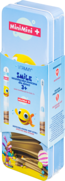 Vitammy Smile sonic toothbrush for kids 3+ in clear case with light blue sleeve, yellow fish & MiniMini+ logo.