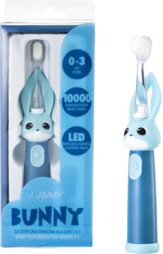 Dziecięca szczoteczka soniczna Vitammy Bunny w kształcie królika, niebieska, z LED, widok z pudełkiem.