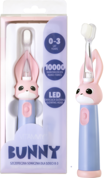 Urocza różowo-niebieska soniczna szczoteczka Vitammy Bunny dla dzieci 0-3, widoczna w pudełku i obok.