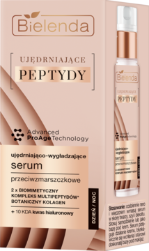 Różowe opakowanie Bielenda UJĘDRNIAJĄCE PEPTYDY serum z peptydami i kwasem hialuronowym, widok z przodu.