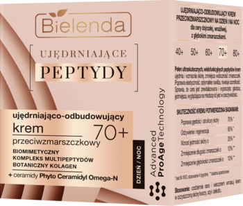 Bielenda UJĘDRNIAJĄCE PEPTYDY krem 70+ na dzień/noc w beżowym pudełku, widok z przodu.