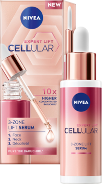 NIVEA Cellular Expert Lift Serum z bakuchiolem, różowo-złota butelka z pipetą obok opakowania, widok z przodu.