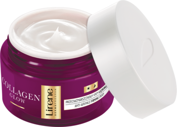 Lirene Collagen Glow, otwarty słoik fioletowego kremu przeciwzmarszczkowego z białym wieczkiem, z widocznym białym kremem.