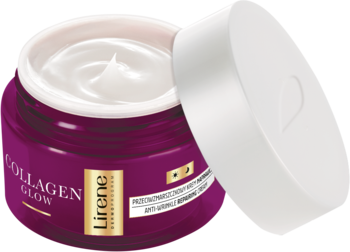 Fioletowy słoik kremu Lirene Collagen Glow z otwartą białą nakrętką, ukazujący kremową zawartość.