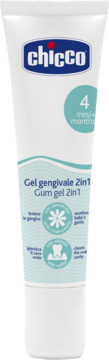 Biała tuba Chicco Gum Gel 2in1 dla 4+ mies. na ząbkowanie, widok z przodu. Łagodzi dziąsła i czyści jamę ustną.