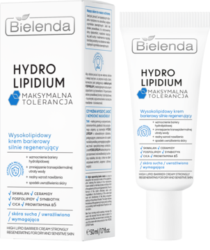Bielenda Hydro Lipidum wysokolipidowy krem regenerujący w białej tubce z niebieskimi akcentami i kartoniku.