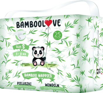 Bamboolove pieluszki jednorazowe bambusowe S (3-8kg), 25 szt. Białe opakowanie z zielonymi liśćmi i pandą.
