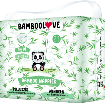 Bamboolove pieluszki bambusowe rozmiar M 6-11 kg z rysunkiem pandy, biało-zielone opakowanie, widok z przodu.