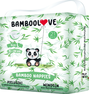 Białe opakowanie bambusowych pieluszek Bamboolove L (9-14 kg) z zielonymi liśćmi, pandą i napisem, z przodu.