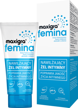 Maxigra femina, nawilżający żel intymny w białej tubce i opakowaniu z gradientem niebieskim, widok z przodu.