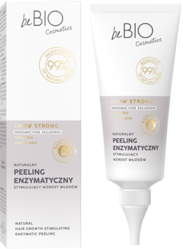 Biała tuba beBIO Cosmetics Grow Strong enzymatyczny peeling do włosów z złotym akcentem, obok pudełko, widok przodu.