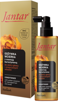 Jantar odżywka z bursztynową esencją do skóry głowy i włosów zniszczonych, w złotej butelce z pompką i pudełku.