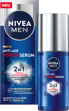 NIVEA MEN Anti-Age Power Serum 2w1 na przebarwienia i zmarszczki, niebieska butelka z pompą i pudełko obok.
