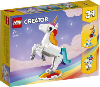 Pudełko LEGO Creator 3-w-1, biały model jednorożca z kolorową grzywą na tęczowej podstawie, widok z przodu.