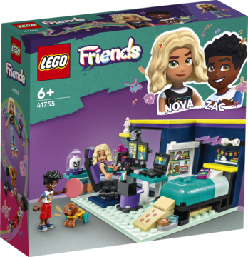 Pudełko LEGO Friends 41755 Pokój Nowy, z fioletowo-zielonym designem i scenką sypialni, widok z przodu.