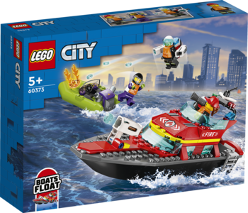 Pudełko LEGO City 60375: pływające łodzie ratunkowe – czerwona i zielona ponton.