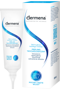 Peeling trychologiczny Dermena w białej tubce i pudełku, stymuluje odrastanie włosów, oczyszcza skórę głowy.