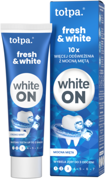 Pasta tołpa fresh & white White ON wybielająca, tuba i pudełko w niebieskich barwach z grafiką zębów i lodu.