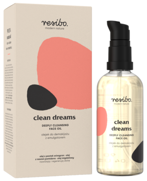 Resibo Clean Dreams Głęboko Oczyszczający Olejek do Twarzy w butelce z pompką obok beżowego pudełka.