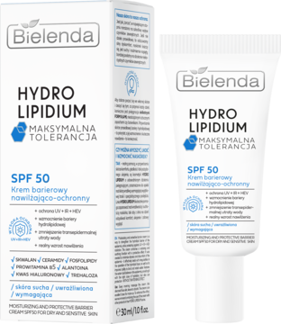 Bielenda Hydro Lipidum SPF 50 krem barierowy nawilżająco-ochronny w białej tubce i pudełku z niebieskimi akcentami, widok przód.