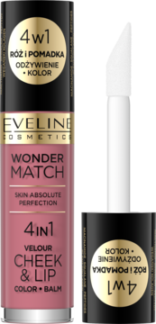 Eveline Wonder Match 4w1 Velour Cheek & Lip Color+Balm, różowy płynny róż i pomadka, widok z aplikatorem.