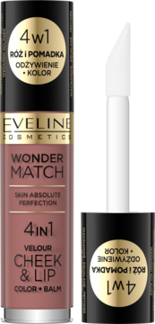 Eveline Wonder Match 4w1 różo-pomadka w pudrowo-różowej tubce, otwarta z aplikatorem.