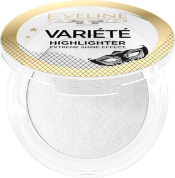 Eveline Variété Highlighter, otwarty biały kompakt z białym, mieniącym się rozświetlaczem Extreme Shine.