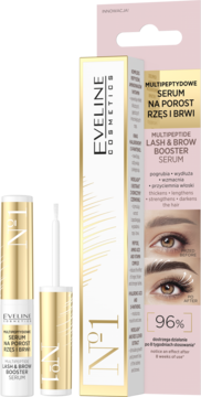 Eveline Multi-Peptide Lash & Brow Serum: złoto-biała butelka z aplikatorem, obok kartonowe opakowanie.