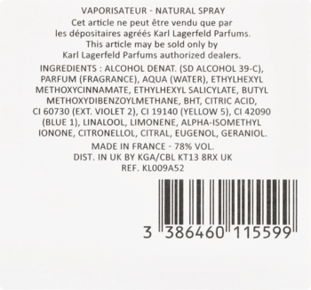 Tył białego opakowania wody toaletowej Karl Lagerfeld, z pełną listą składników i kodem kreskowym produktu.