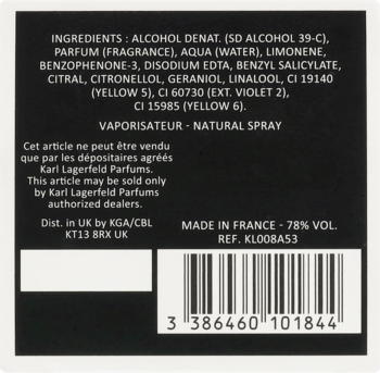 Tył flakonu wody perfumowanej Bois De Yuzu Karl Lagerfeld z listą składników i kodem kreskowym.