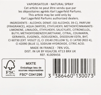 Tył opakowania Karl Lagerfeld Vienna Opera męskiej EDT. Widoczny spray naturalny, lista składników, kod kreskowy i logo FSC.
