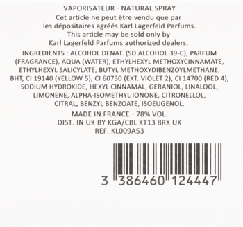 Etykieta z tyłu flakonu wody perfumowanej Karl Lagerfeld Tokyo Shibuya, widoczne składniki i kod kreskowy.