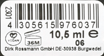 Biała etykieta produktu kosmetycznego z czarnym kodem kreskowym, napisem 10,5 ml, symbolem vegan i 36M PAO.