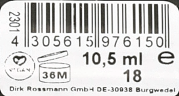 Etykieta lakieru do paznokci Rival de Loop Gloss'n Gel nr 18; widoczne: kod kreskowy, 10,5 ml, vegan i 36M PAO.