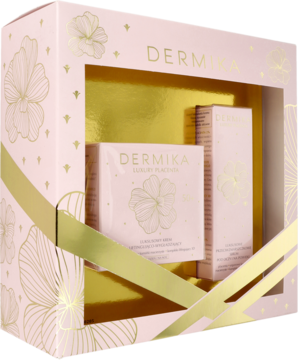 Dermika Luxury Placenta zestaw przeciwzmarszczkowy w różowo-złotym pudełku z okienkiem, widok z ukosa.