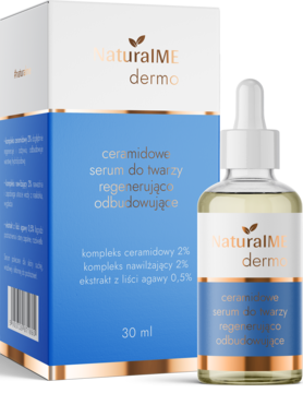 NaturalME dermo ceramidowe serum regenerujące w szklanej butelce z zakraplaczem, obok pudełko.