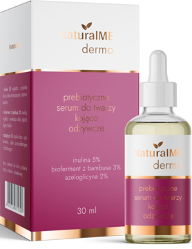 NaturalME dermo prebiotyczne serum kojąco-odżywcze z inuliną 5%, butelka z kroplomierzem, obok pudełko.