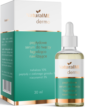 NaturalME dermo peptydowe serum łagodząco-nawilżające 30ml w butelce i białym pudełku z zielonym pasem.