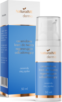 NaturalME dermo ceramidowy krem do twarzy, 50 ml, butelka i pudełko. Biało-niebieskie opakowanie z pompką, widok pod kątem.