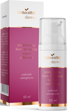 NaturalME dermo prebiotyczny krem do twarzy 50ml z prebiotykami i azeloglicyną w białej butelce i pudełku.